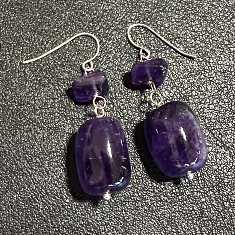 Amethyst Polished Nugget Silver Tone Dangle Earrings